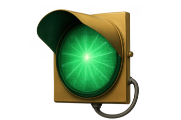 Traffic light with a glowing green signal indicating permission, progress, and movement with a clear transparent background