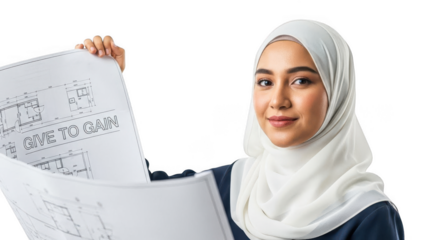 Young woman in white hijab holding math exercise book smiling isolated on transparent background