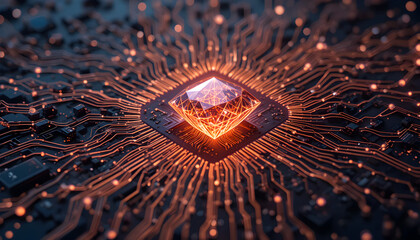 Glowing orange microchip with diamond on circuit board background