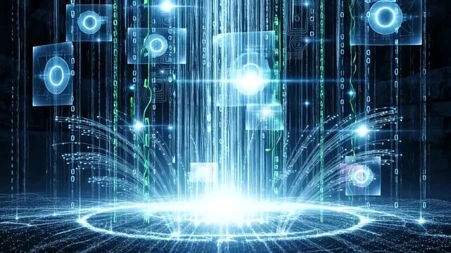 Abstract digital data stream with glowing light and floating holographic elements representing technology and information flow.