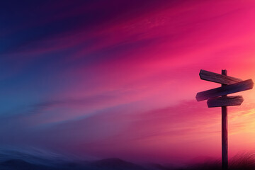 Wooden directional signpost at twilight with vibrant sky colors