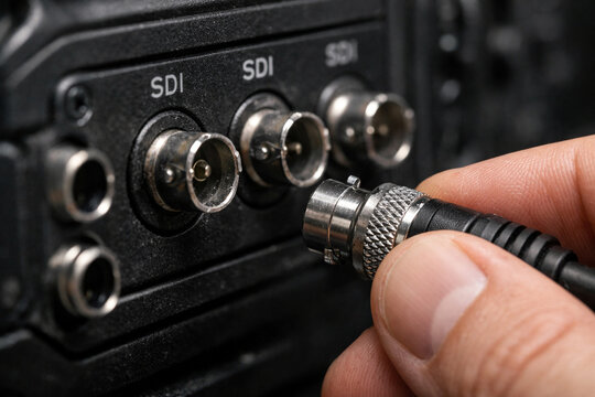 Detailed view of BNC connector being plugged into SDI port of digital cinema camera.