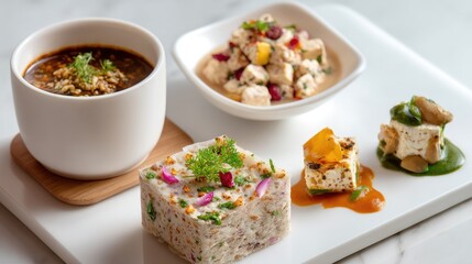 Exquisite Indian Cuisine Platter Featuring Traditional Dishes and Modern Presentation on a Marble Surface