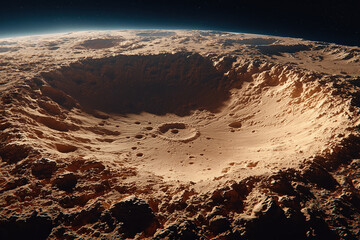 Vast moon crater under starlit sky with rugged terrain and shadows