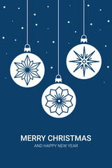 Merry Christmas card snowflake ornament hanging baubles blue holiday greeting vector