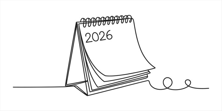 Continuous line art drawing of a 2026 desk calendar representing the new year and future planning Vector, illustration