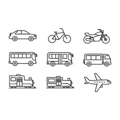 Fototapeta premium Collection of transportation icons including cars bicycles motorcycles buses trains and airplane