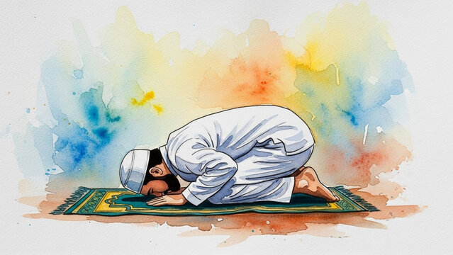 muslim man in sujud prostration on prayer rug watercolor illustration