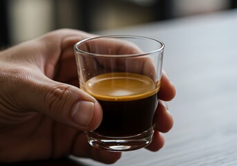 Hand holding glass of fresh coffee drink close up shot top view detail