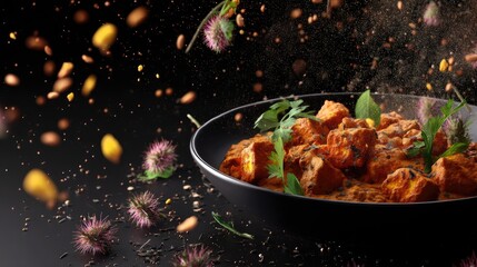 Delicious Spicy Chicken Dish Surrounded by Fresh Herbs and Flavorful Ingredients