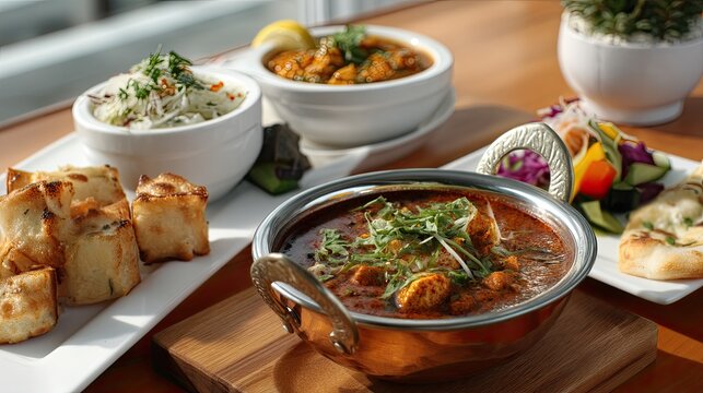 Delicious Indian Cuisine Featuring Chicken Curry, Breads, Fresh Vegetables, and Sides in an Elegant Setting