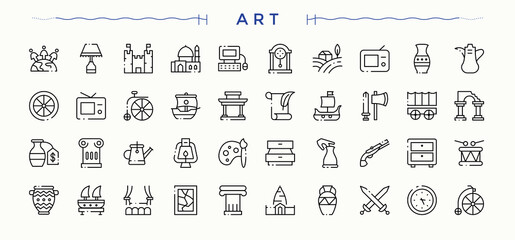 Art icon set. Minimalist icons collection. Historical simple icon set. Contain linear symbols antiques, historical, mediaeval, archaeologic, heritage, exhibition and more.