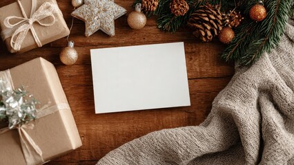 Overhead view of blank holiday greeting card mockup surrounded by cozy knit blanket, natural gift boxes, gold ornaments, and festive pine branches on rustic wooden table.