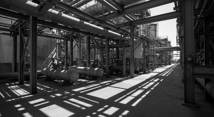 Industrial interior, grayscale, pipes and shadows