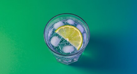 Refreshing cocktail with ice and lemon slice on a gradient background
