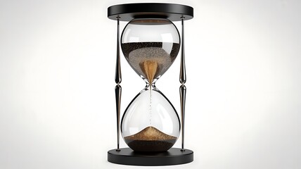 A detailed 3d rendering of a classic hourglass with dark sand running from the top bulb to the bottom, isolated on white background