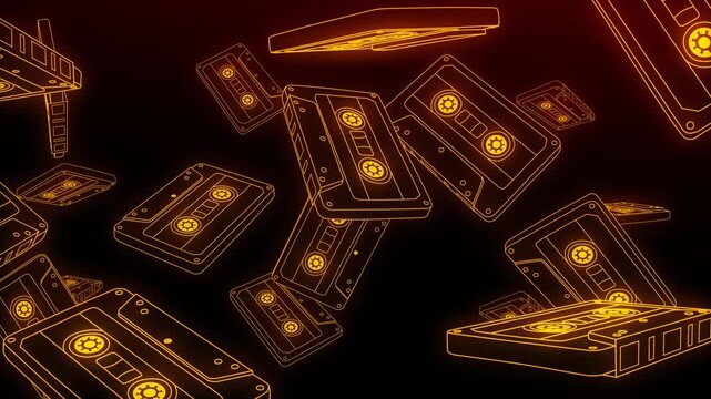 Neon golden cartoon 3d animation of retro mixtapes floating from left to right. Outline glowing music cassete tapes flying and rotating background. Seamless loop