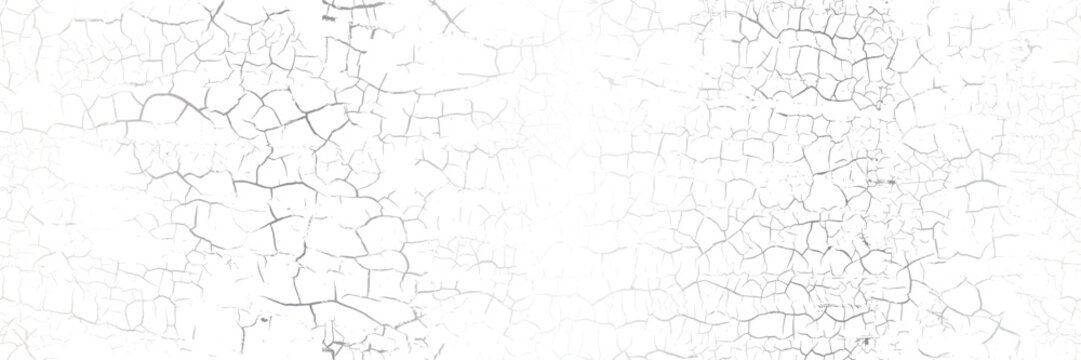Grey gradient crackle texture as a seamless overlay pattern on white bg. Crackled cake glaze. Realistic kintsugi art bg. Old, dried, dirt or ground surface. Vector illustration.