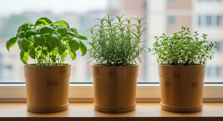 Three Aromatic Herbs in Natural Bamboo Pots on a Windowsill