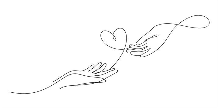 A continuous line drawing showing one hand giving a heart to another hand, symbolizing connection and love Vector, illustration