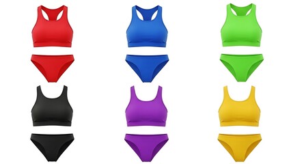 Colorful sports bras and briefs collection isolated on white