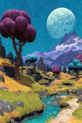 Fototapeta premium Dreamlike cartoon landscape with colorful trees, river, and giant moon over mountains at night