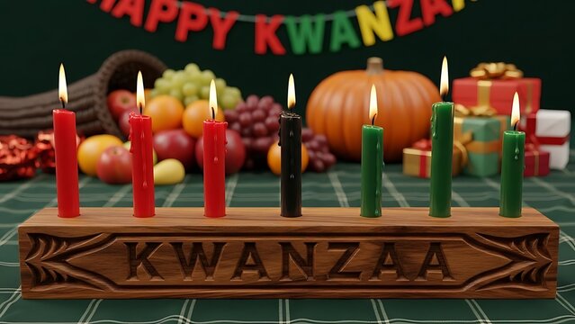 Kwanzaa Celebration with Kinara, Candles, and Traditional Decorations.