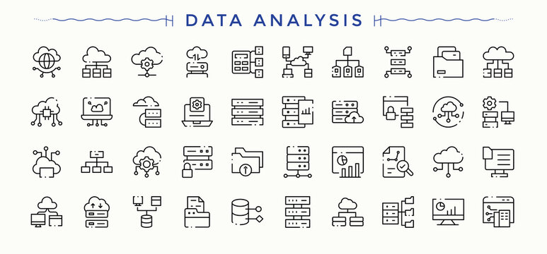 Data Analysis icon set in linear style. Minimalist vector collections. Includes symbols for cloud data server, analysis, information. Editable stroke. Vector illustration. Logistic icon.