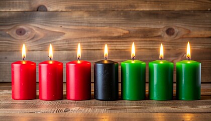 Kwanzaa Kinara with Seven Lit Candles on a Wooden Background.