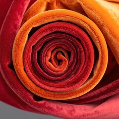 Rolled fabric, vibrant color gradient.  Close-up view of a vibrant roll of fabric, featuring a gradient of warm colors from deep red to orange