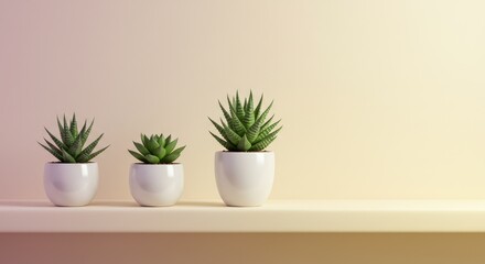 Three Succulents in White Pots on Shelf, Minimalist, Modern, Clean Design.