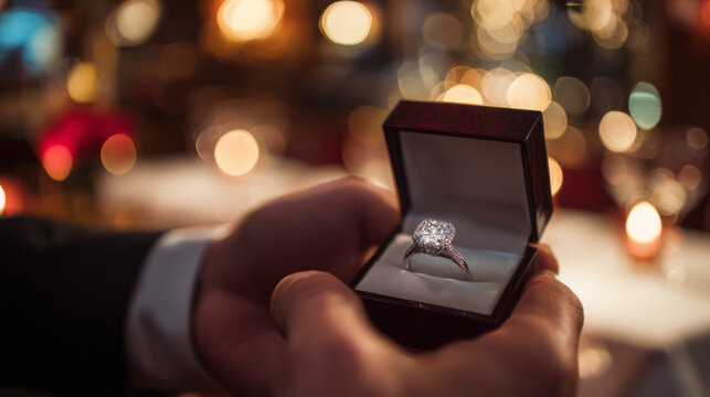 Elegant well dressed man in suit holds fancy expensive diamond engagement ring in open gift box defocused restaurant background romantic lighting extremely luxurious setting cinematographic copy space