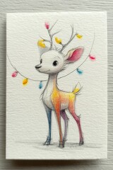 Fototapeta premium Cute little reindeer with colorful lights on its antlers in a whimsical holiday scene