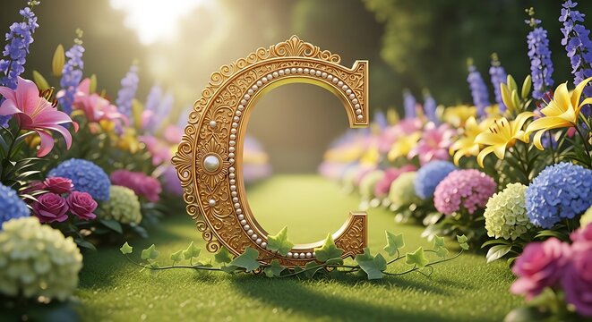 Magical golden monogram letter c amidst lush spring flowers and sunlit garden