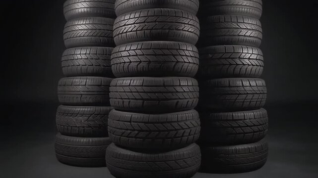 A stack of rubber tires in a workshop or garage setting, highlighting the texture and tread patterns of the automotive components