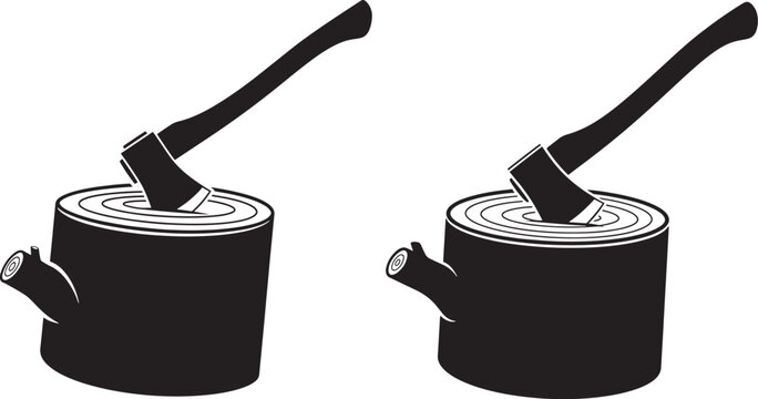 Silhouette design of axe in log on white background
