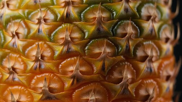 Intricate close-up of a fresh pineapple's vibrant textured skin, showcasing the beautiful geometric patterns and a natural gradient of green, yellow, and orange tropical colors