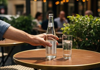Person serves water on table at outdoor cafe restaurant concept
