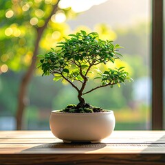 Small bonsai tree in a white pot, sunlight