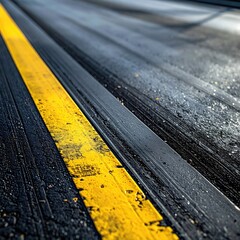 Close-up of a yellow line on a dark, textured roadway
