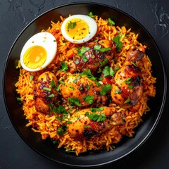 Roasted chicken drumsticks over flavorful rice with boiled egg garnish