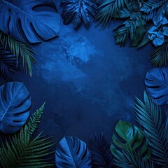 Tropical leaves frame a dark blue background