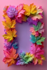 Obraz premium Colorful autumn leaf frame with vibrant leaves on pink background for decorative border photography