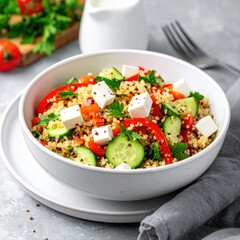 Healthy couscous salad with feta, bell pepper, and cucumber
