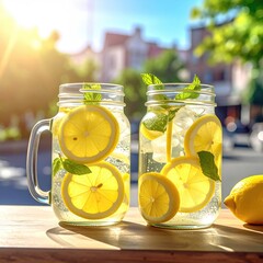 Two mason jars filled with refreshing lemonade, garnished with lemon slices and mint, on a sunny outdoor wooden table