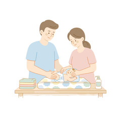 Parents changing a baby's diaper together. A flat vector illustration of a mother and father caring for a newborn. Family childcare concept