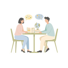 Fototapeta premium Man and woman studying with books and a globe. Flat design vector illustration of tutoring, learning, and education.