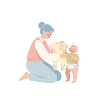 Flat vector illustration of a mother dressing her baby. A woman helps a happy infant put on clothes. Parenting and childcare concept
