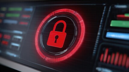 Digital Fortress: A red lock icon glows menacingly, warning of digital threats within a futuristic interface. Emphasizing cyber-security and data protection