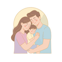 Obraz premium Young family flat design vector illustration. Mother, father, and baby embracing. Love, care, and bonding concept. Isolated on transparent background